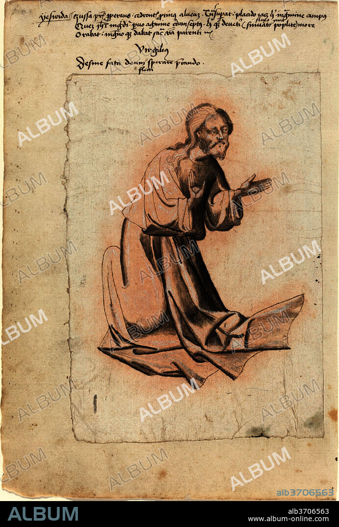 SOUTH GERMAN 15TH CENTURY. Christ Kneeling in Prayer. Dated: c. 1425. Dimensions: sheet: 22.2 x 15.2 cm (8 3/4 x 6 in.)  mount: 30.5 x 20.5 cm (12 x 8 1/16 in.). Medium: pen and dark brown ink with dark gray wash and white heightening on pink partially prepared paper.