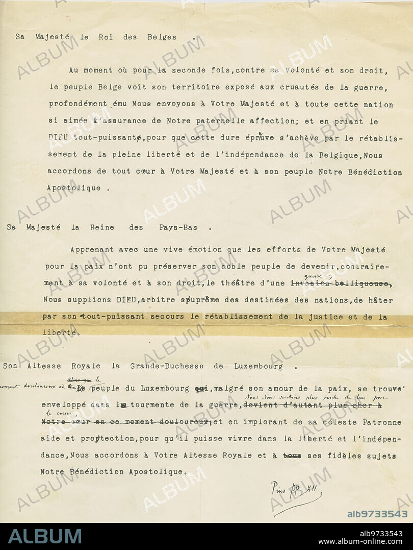 Rome (Italy), 05/10/1940. Telegrams from Pius XII to the Grand Duchess of Luxembourg, the King of Belgium and the Queen of the Netherlands. This historic document was written personally by Pius XII, on his little white typewriter, in the evening of! May 10, 1940. He later corrected it by hand. The examination of the variations that he introduced in the telegram to the Grand Duchess of Luxembourg demonstrates how carefully the Pope tried to make his writings clearer and more personal, and with what neat and parsimonious handwriting he made the corrections.