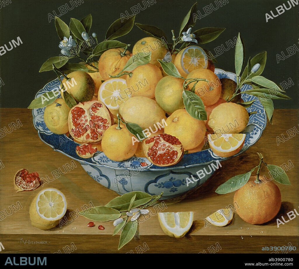 JACOB VAN HULSDONCK. Still Life with Lemons, Oranges and a Pomegranate. Date/Period: Ca. 1620 - 1640. Painting. Oil on panel. Height: 419 mm (16.49 in); Width: 495 mm (19.48 in).