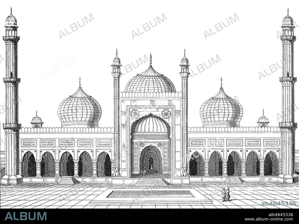 The Masjid-i Jahan-Numa, commonly known as the Jama Masjid devnagrii of Delhi, is one of the largest mosques in India, digital improved reproduction of an original print from the year 1881.