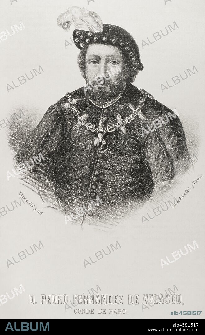 Pedro Fernández de Velasco (1425-1492). Magnate castellano de la Casa de Velasco. II Conde de Haro, I Condestable de Castilla y camarero mayor del rey. Dibujo por Llanta. Litografía. Crónica General de España, Historia Ilustrada y Descriptiva de sus Provincias. Castilla-La Vieja,1870. Biblioteca Histórico Militar de Barcelona, Cataluña, España.