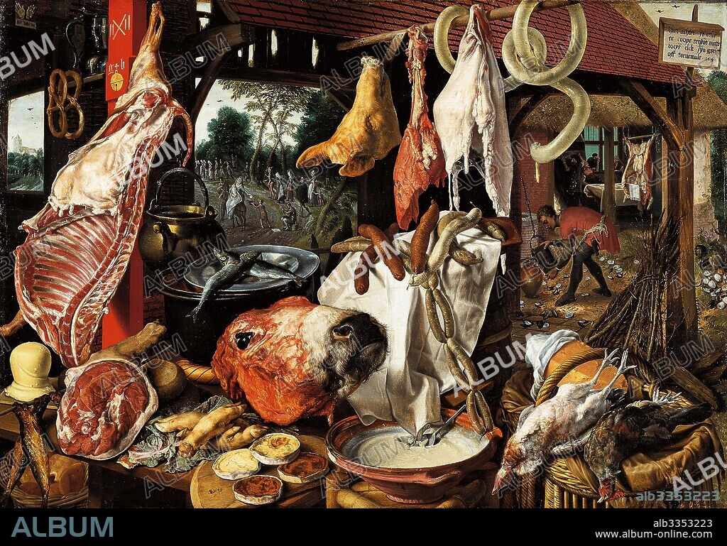 PIETER AERTSEN. Butcher's Stall with the Flight into Egypt.