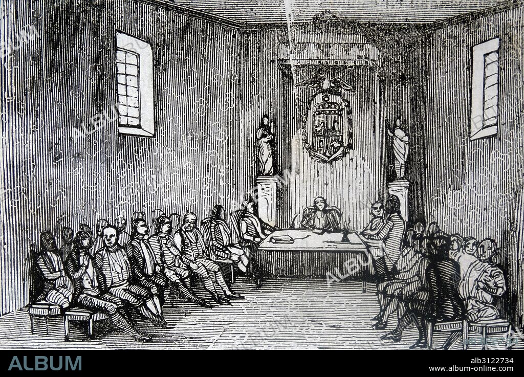 Illustration depicting the creation of the Constitution of Bayonne. Dated 1808.