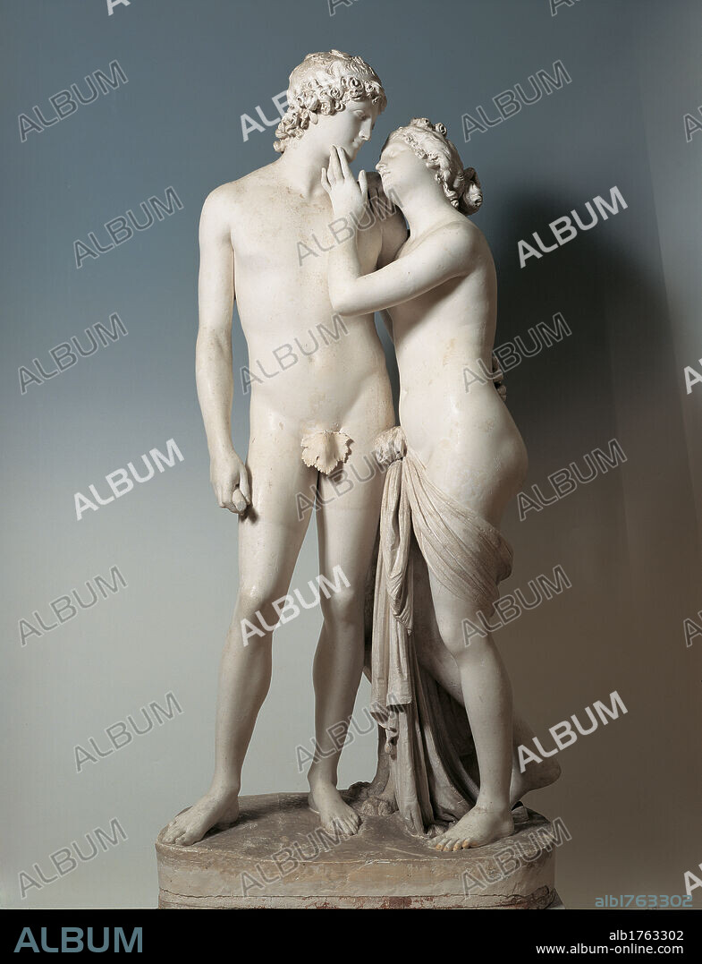 Venus and Adonis, by Antonio Canova, 1789-1794, 18th Century, marble, full relief, cm 185 x. Switzerland, Geneva, Villa La Grange. All. Frontal view. Venus goddess Adonis man woman love anatomy faces caress curls chignon.