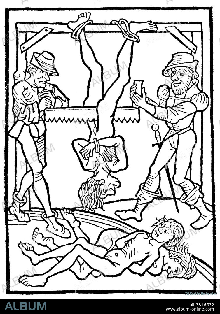 The term "death by sawing" indicates the act of sawing a living person in half. Most often the victim was suspended upside down, most of the blood will go to the head. The torturers would saw into the victim's crotch, all of the blood in the head will oxygenate the brain so that the victim will not pass out as one normally would under such excruciating pain. Typically, the saw would reach the victim's navel before unconsciousness would take hold, sometimes as far as the midriff. In the story about Simon the Zealot, the person is explicitly described as being hung upside-down and sawn apart vertically through the middle, starting at the groin. Different methods of death by sawing have been recorded. Death by sawing was a method of execution reportedly used in different parts of the world. In cases related to the Roman Emperor Caligula, the sawing is said to be through the middle. In the cases of Morocco, it is stated that the sawing was lengthwise, both from the groin and upwards, and from the skull and downwards.