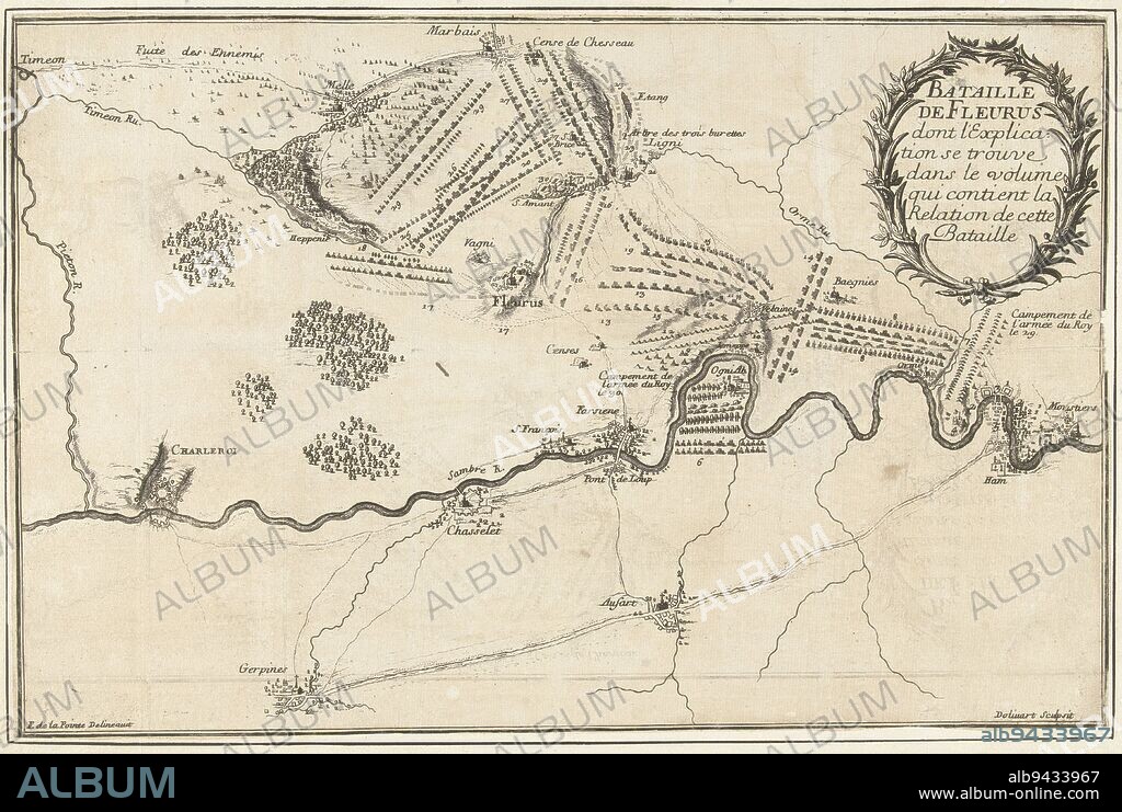 Map of the Fleurus area near Charleroi showing the positions of the armies at the battle of Fleurus, a victory of the French under the Duke of Luxembourg over the Allied army under the Prince of Waldeck, 1 July 1690, Battle of Fleurus, 1690 Bataille de Fleurus , print maker: Juan Dolívar, (mentioned on object), intermediary draughtsman: François de La Pointe, (mentioned on object), France, 1690, paper, etching, h 243 mm × w 370 mm.