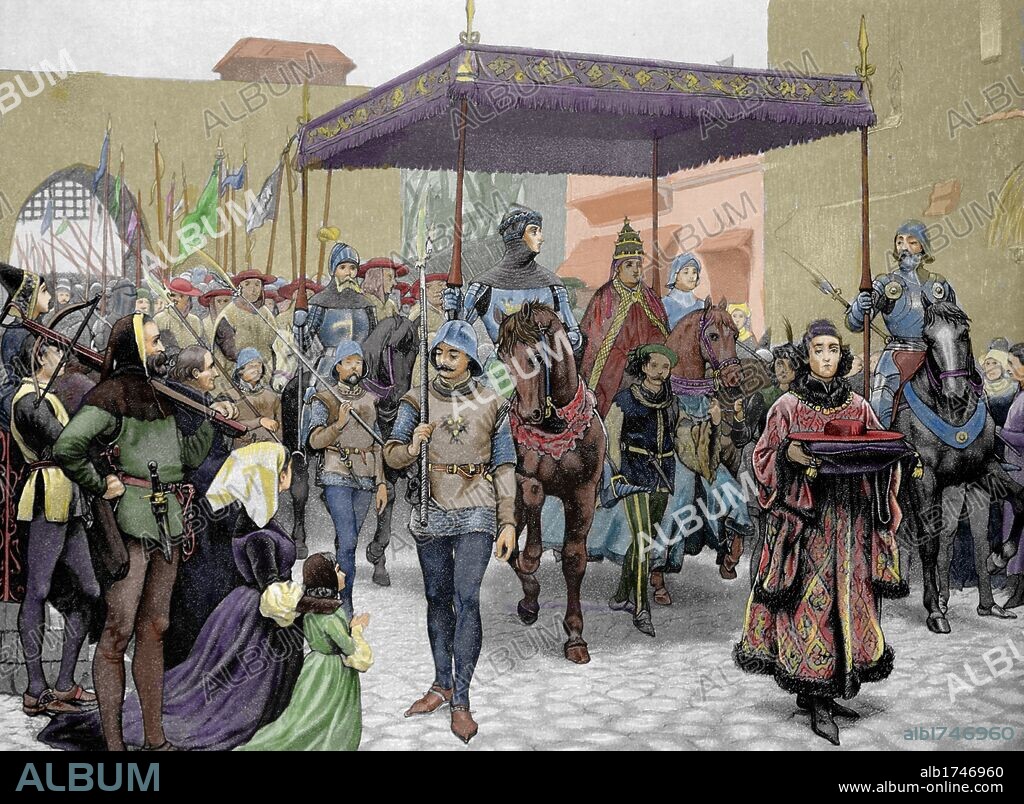JUAN XXIII (1410-1415). Antipapa de la iglesia católica durante el llamado Cisma de Occidente. De nombre Baldassare Cossa (1370-1419). "ENTRADA DE JUAN XXIII A LA CIUDAD DE CONTANZA para participar en el Concilio (1414-1418). Grabado coloreado. Siglo XIX.