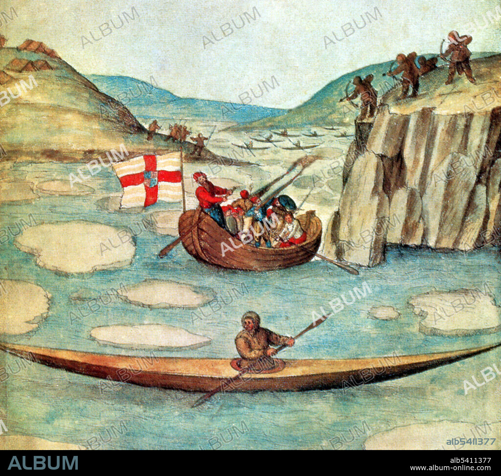 Martin Frobisher expedition to the Northwest, 1577. Martin Frobisher (1535 or 1539 - November 15, 1594) was an English seaman and privateer who made three voyages to the New World to look for the Northwest Passage. On his second voyage, he found what he thought was gold ore and carried 200 tons of it home, where initial assaying determined it to be worth a profit of 5.2 sterling pounds per ton. He returned to Canada and dug several mines, carted 1,350 tons of the ore back where, after years of smelting, it was realized it worthless iron pyrite. As a privateer, he collected riches from French ships. He was later knighted for his service in repelling the Spanish Armada in 1588.  Painting by by John White, 1610 (cropped and cleaned).