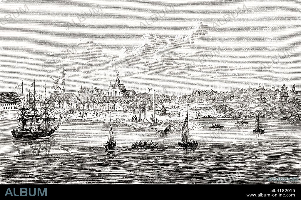 New Amsterdam, a 17th-century Dutch settlement on the southern tip of Manhattan Island, America.  It was renamed New York on September 8, 1664, in honor of the Duke of York (later James II of England).  From Ward and Lock's Illustrated History of the World, published c.1882.