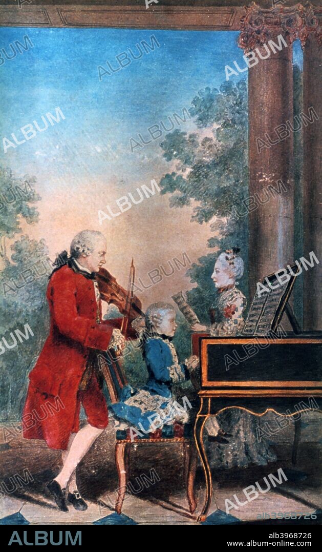The Mozart family in Paris in 1763. Leopold Mozart (1719-1787) is the violinist, the singer is his daughter Maria-Anna (Nannerl) (1751-1829), and his son Wolfgang Amadeus (1756-1791) is at the keyboard.
