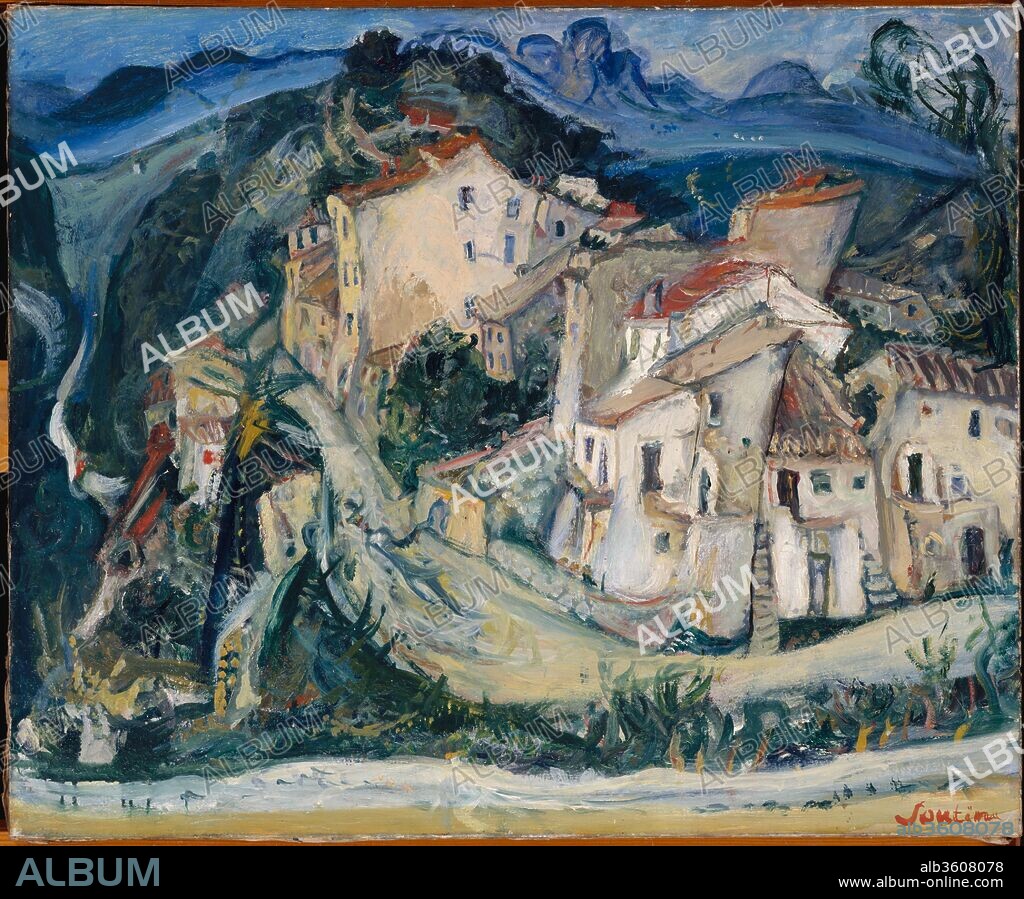 View of Cagnes. Artist: Chaim Soutine (French (born Lithuania), Smilovitchi 1893-1943 Paris). Dimensions: 23 3/4 × 28 7/8 in. (60.3 × 73.3 cm). Date: ca. 1924-25.
Best known for his somber portraits, Soutine also painted landscapes throughout his career. From 1923 to 1925, Soutine spent time in the mountain village of Cagnes along the French Rivera. The blue, green, and ocher palette suggests the serene atmosphere of the region, while the swirling expressionistic brushwork gives the village a fanciful, almost fairytale quality. Soutine's stacked and condensed forms cause the hilltop town to appear nestled into its coastal surroundings.