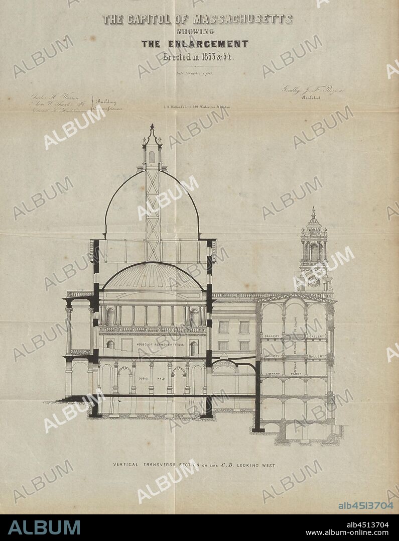 The Capital of Massachusetts showing the enlargement Erected in 1853, Cross section of the Massachusetts State House in Boston, signed: Gridley J. F. Bryant; J.H. Bufford's Lith, Fig. 9, p. 23, Bryant, Gridley J. F. (del.); Bufford, John Henry (sc.), 1854, Report of the commissioners for the enlargement of the State House. [Boston]: [s. n.], [1854].