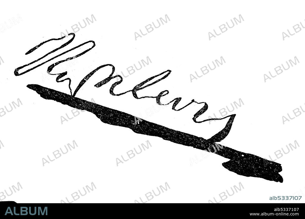Signature, handwriting of Napoleon  /  Unterschrift, Handschrift von Napoleon I, Historisch, historical, digital improved reproduction of an original from the 19th century / digitale Reproduktion einer Originalvorlage aus dem 19. Jahrhundert,.