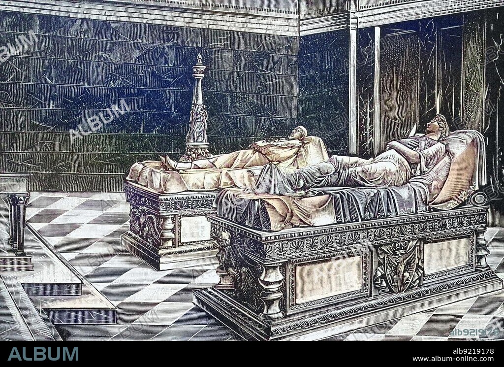 The Mausoleum in Charlottenburg, Berlin, Germany. The mausoleum in the park of Charlottenburg Palace in Berlin was built in 1810 after the death of Prussian Queen Luise and later extended as a burial place for other important members of the Prussian royal family, Historic, digitally restored reproduction from a 19th century original.