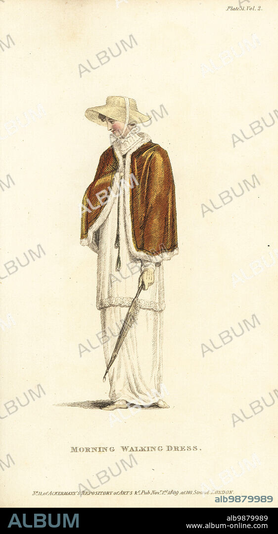Regency woman in morning walking dress, 1809. Petticoat and Roman tunic of fine cambric, jubilee cloak of amber velvet, trimmed with swansdown, tied with silk and gold cord and tassels. Cottager's hat of imperial-coloured straw. Plate 31, November 1809. Handcoloured copperplate engraving by Thomas Uwins from Rudolph Ackermann's Repository of Arts, London.