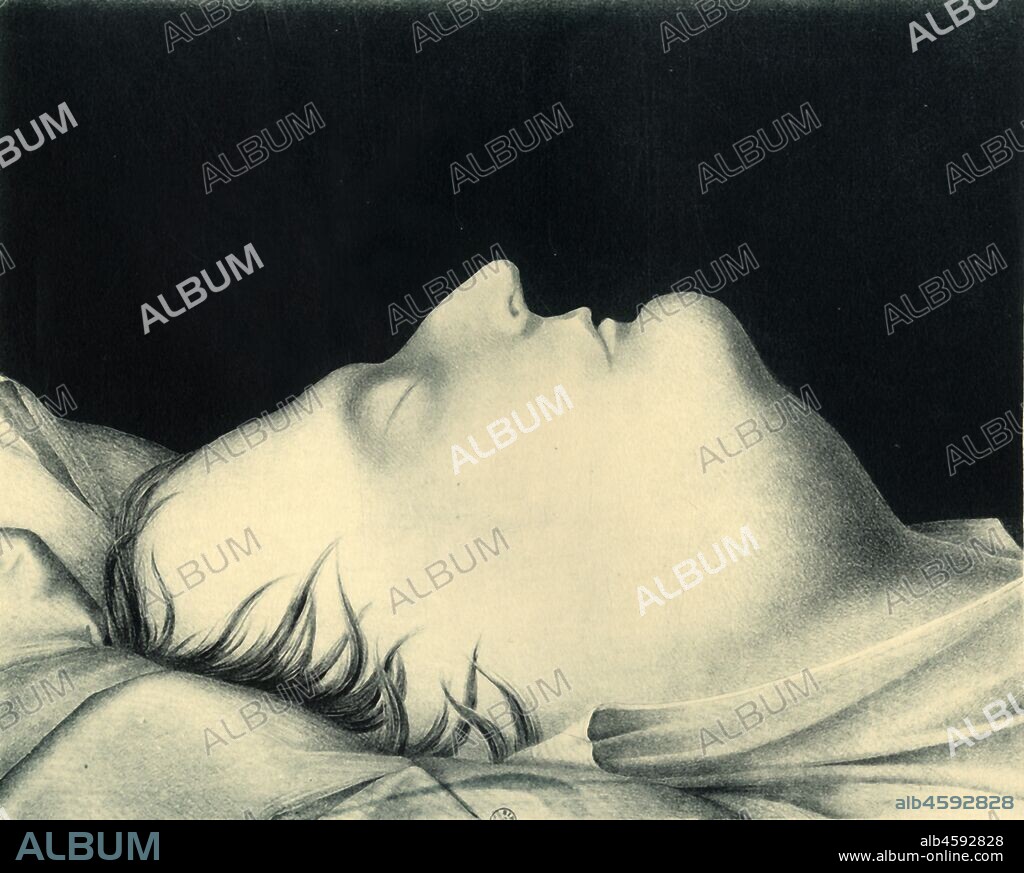Napoleon on his death bed, 1821, (1921). Portrait of French former emperor Napoleon Bonaparte (1769-1821) who died in exile on the island of St Helena in the South Atlantic on 5 May 1821. The next day, Captain Denzil Ibbetson came to Longwood House to sketch the body is it awaited autopsy. He gave the finished painting to Napoleon's last rival, St Helena's governor Sir Hudson Lowe, who in turn gave it to King George IV, as proof (in the era before photography) of Napoleon's death. Lithograph published in 1855 by John Gibbs, after Ibbetson. From "Napoleon", by Raymond Guyot, [H. Floury, Paris, 1921].