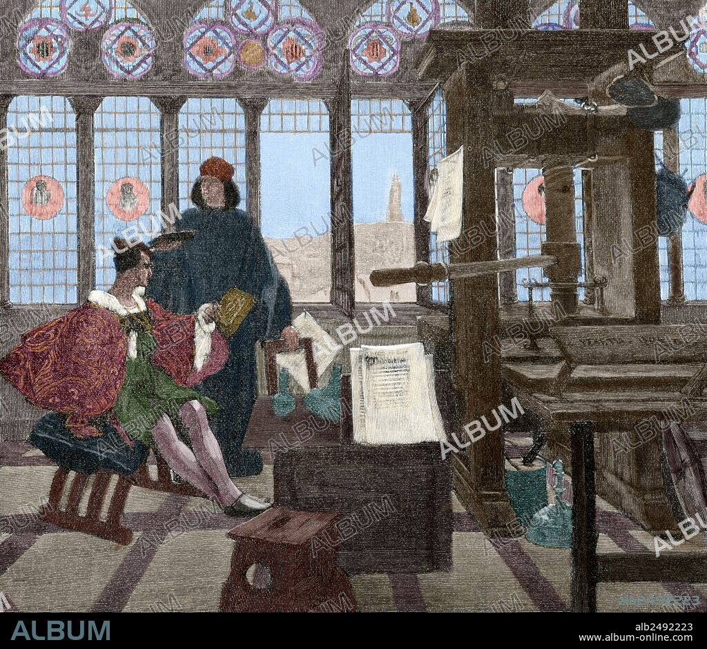 Aldus Pius Manutius o Aldo Manuzio (1449/50-1515). Humanista e impresor italiano, fundador de la Imprenta Aldina. "Grollier visitando la imprenta de Alce Manuce, en Venecia". Grabado por Yenetta. "El Mundo Ilustrado", 1880. Coloreado.