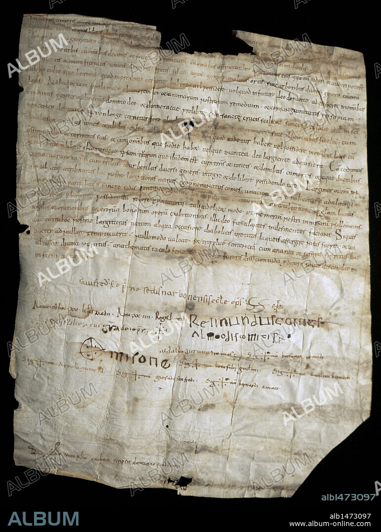 RAMON BERENGUER I "El Viejo" (h. 1023-1076). Conde de Barcelona y Girona (1035-1076) de Olèrdola (1049-76) y de Ausona (1054-76). Documento con la DONACION DE LOS CONDES DE BARCELONA, RAMON BERENGUER EL VELL Y SU TERCERA ESPOSA ALMODIS DE LA MARCA, DE LA IGLESIA DE SANT VICENS DE SARRIA AL CAPITULO CATEDRALICIO. Pergamino original con fecha del 17 de abril de 1055. Archivo Capitular de la Catedral de Barcelona. Cataluña.