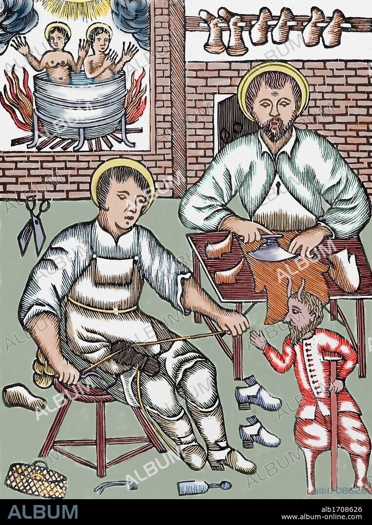 Xilografía donde se representa a DOS SANTOS CONFECCIONANDO ZAPATOS SIENDO TENTADOS POR EL DIABLO. Impresa en Barcelona por la familia Guasp. Grabado coloreado.