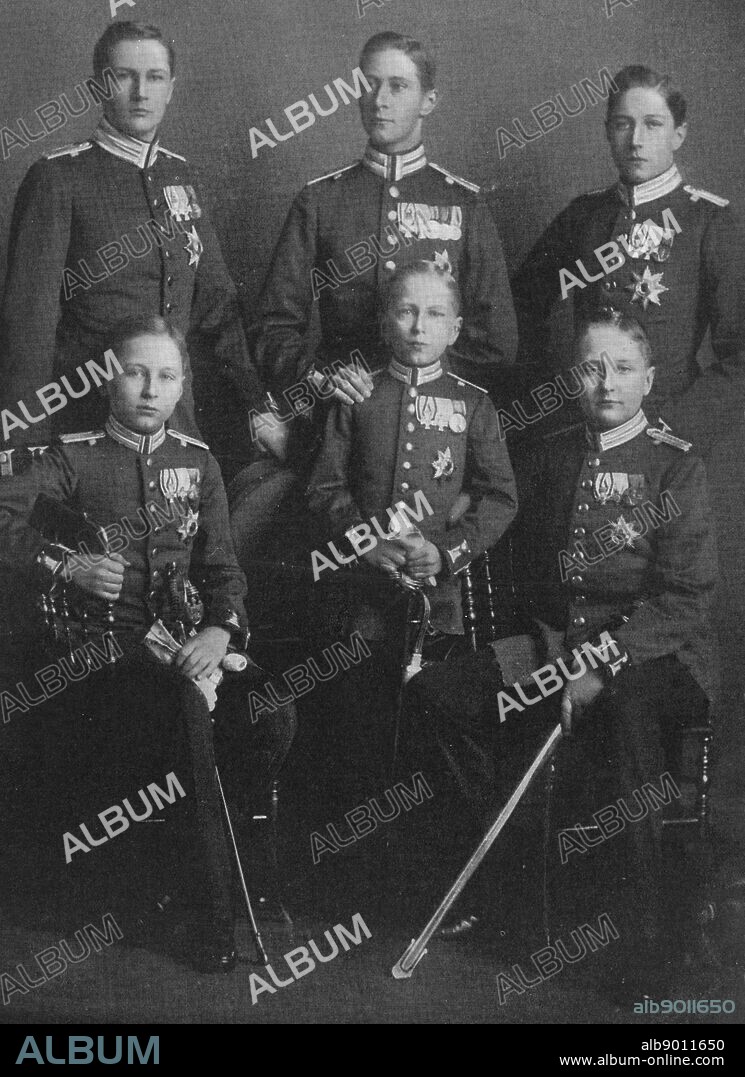 Photograph of Emperor Wilhelm II's sons (back row (left to right) Prince Eitel Friedrich of Prussia (1883-1942), Wilhelm, German Crown Prince (1882-1951), Prince Adalbert of Prussia (1884-1948), (front row (left to right) Prince Oskar of Prussia (1888-1958), Prince Joachim of Prussia (1890-1920) and Prince August Wilhelm of Prussia (1887-1949). Dated 20th Century.