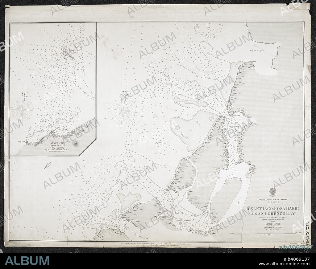 A chart of the River Santiago, Posa Harbour and San Lorenzo Bay. R[iver] Santiago, Posa Harbr and San Lorenzo Bay. Surveyed by Capt. H. Kellett and the officers of H.M.S. Herald, 1847. [Admiralty Chart]. London, 1861. Source: Maps SEC.10.(2801.). Language: English.
