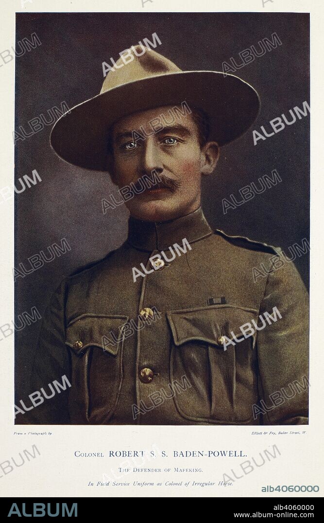CHARLES NAPIER ROBINSON and ELLIOT AND FRY. Colonel Robert Stephenson Smyth Baden-Powell, 1st Baron (1857-1914). Portrait. English soldier and founder of the Boy Scouts. The Defender of Mafeking. In Field Service uniform as Colonel of Irregular Horse. Celebrities of the Army. London, 1900. Source: 1766.a.3, 4. Language: English.