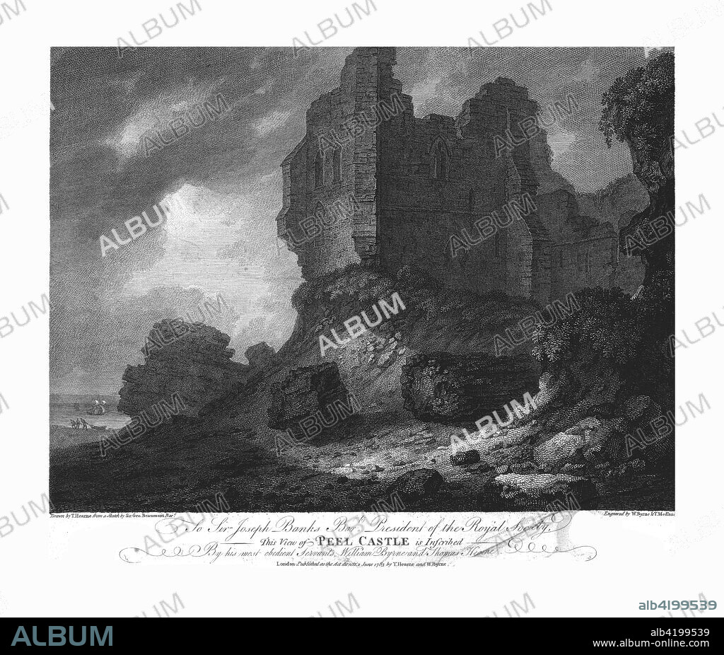 Peel Castle, 1783. Peel Castle on the Isle of Man was originally built of wood by the Vikings in the 11th century. The stone fortifications date predominantly from the early 14th century.