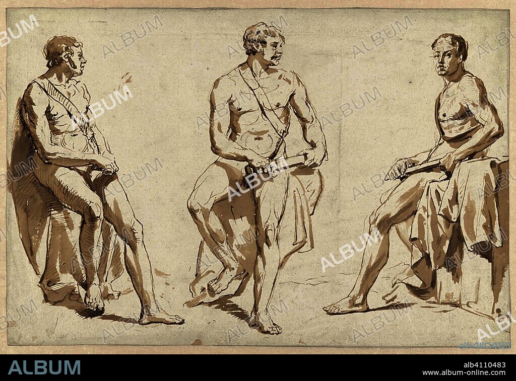 Three studies on a male nude model, sitting with a sword. Draughtsman: Christiaan van Geelen jr.. Dating: 1804 - 1826. Measurements: h 323 mm × w 480 mm.