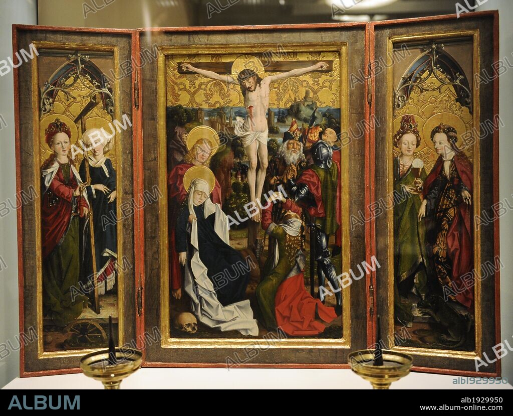 ARTE GOTICO. ALEMANIA. El Maestro de Ilsung Madonna, pintor activo en Augsburgo (Alemania) en el año 1475, en estilo gótico. Tríptico. "Crucifixión de Cristo con los santos". Augsburgo, 1485. Museo Histórico Alemán (Deutsches Historisches Museum). Berlín. Alemania. Europa.