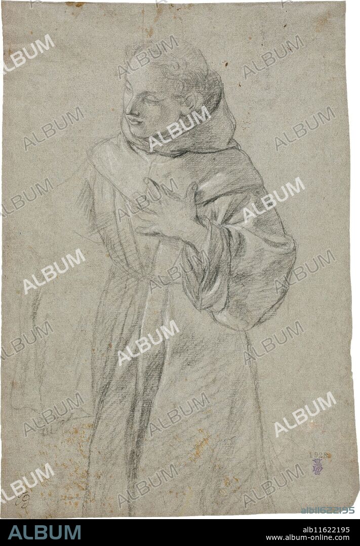 ANTONIO GONZÁLEZ RUIZ. Antonio González Ruiz / 'Santo Monje en oración (¿San Antonio?) / Calavera sobre paño, estudio de mano y Susana y los viejos'. Siglo XVIII. Lápiz negro, Clarión sobre papel agrisado, 405 x 270 mm.