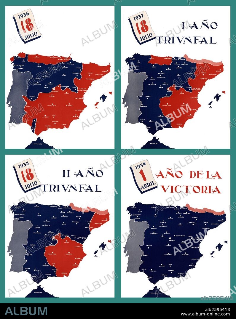 Mapa de España y distribución de los dos bandos contendientes durante el período de la guerra civil (1936-1939).