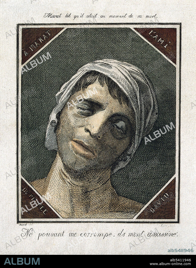 Marat at the time of his death. Jean-Paul Marat (May 24, 1743 - July 13, 1793) was a physician, political theorist, journalist and politician during the French Revolution. He broadcast his views through public speaking, essay writing and newspaper journalism. His radical denunciations of counter-revolutionaries supported much of the violence that occurred during the wartime phases of the French Revolution and his constant persecution of enemies of the people, brought him the trust of the populace and made him their unofficial link to the radical Jacobin group that came to power. In 1793 he was murdered in his bathtub by Charlotte Corday, a Girondist sympathizer. Colored etching by J. L. Copia after Jacques-Louis David.