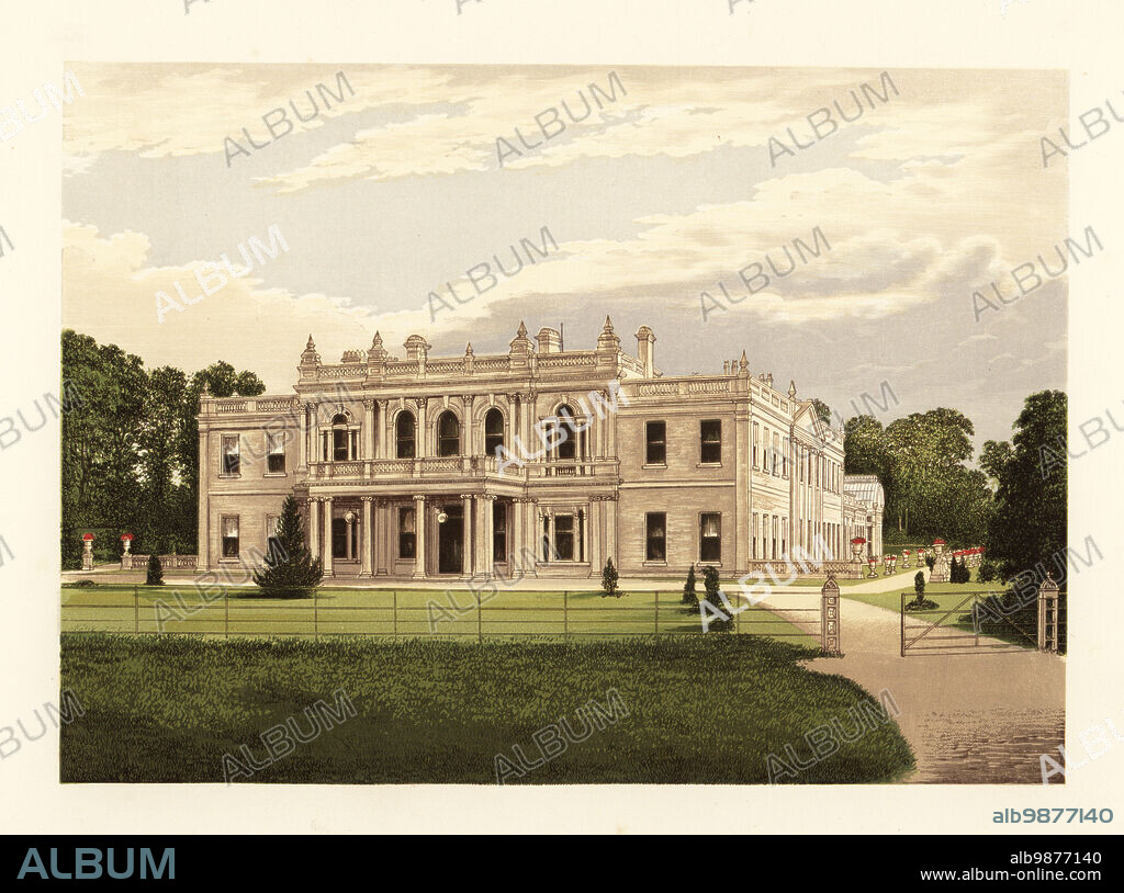 Rolleston Hall, Staffordshire, England. House occupied since the reign of Henry III, 13th century, destroyed by fire in 1871, and rebuilt soon after by Sir Tonman Mosley, 3rd Baronet, ancestor of the fascist Oswald Mosley. Colour woodblock by Benjamin Fawcett in the Baxter process of an illustration by Alexander Francis Lydon from Reverend Francis Orpen Morriss A Series of Picturesque Views of the Seats of Noblemen and Gentlemen of Great Britain and Ireland, William Mackenzie, London, 1880.