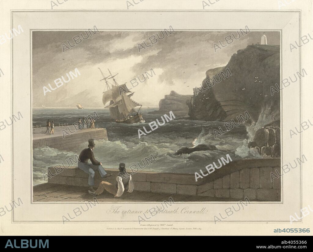 WILLIAM DANIELL and RICHARD AYTON. The entrance to Portreath in Cornwall. The coastline and landscape of Great Britain. Drawn and engraved by William Daniell. A Voyage Round Great Britain undertaken in the summer of the year 1813. London England. Source: G.7043 plate 3. Language: English.