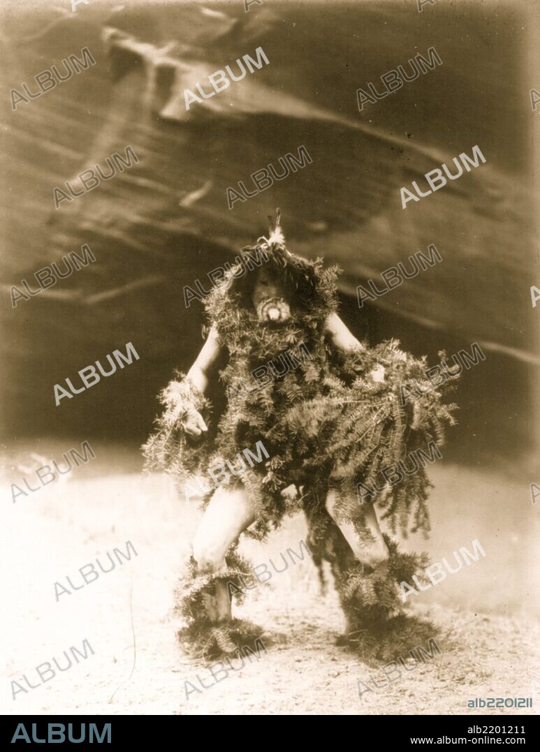 Navajo man bedecked in hemlock boughs and mask of a clown associated with the mischievous rain god Tonenili, "Water Sprinkler".
