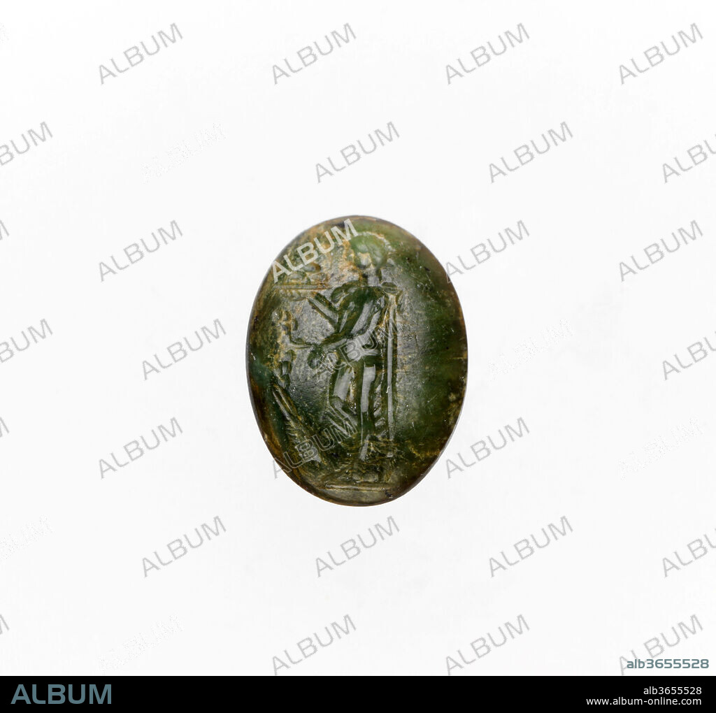 Plasma ring stone. Culture: Roman. Dimensions: Other: 3/8 x 1/8 x 1/2 in. (0.9 x 0.4 x 1.3 cm). Date: ca. 1st century B.C.-3rd century A.D..
Bonus Eventus as youth, holding dish of fruit and branch
Bonus Eventus, the Roman genius of Good Fortune, was a popular figure in Roman art, especially on gems.