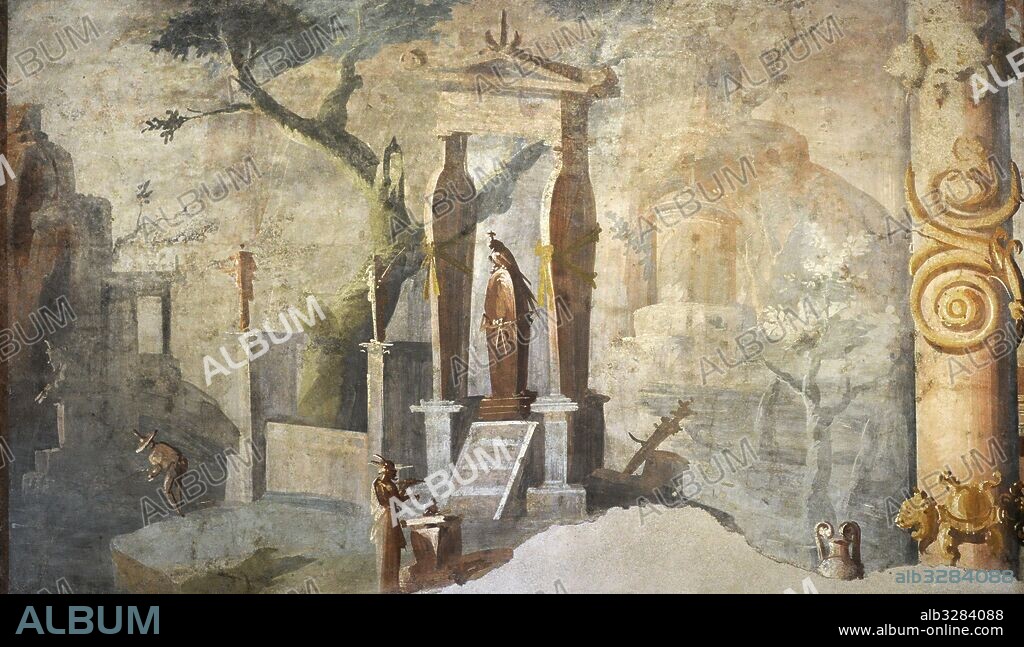 Fresco romano. Paisaje y sacerdote realizando ofrendas en honor a Osiris. Pintado en un panel de la zona izquierda de la pared sur del Ekklesiasterion, Templo de Isis, Pompeya. Museo Arqueológico Nacional. Nápoles. Italia.