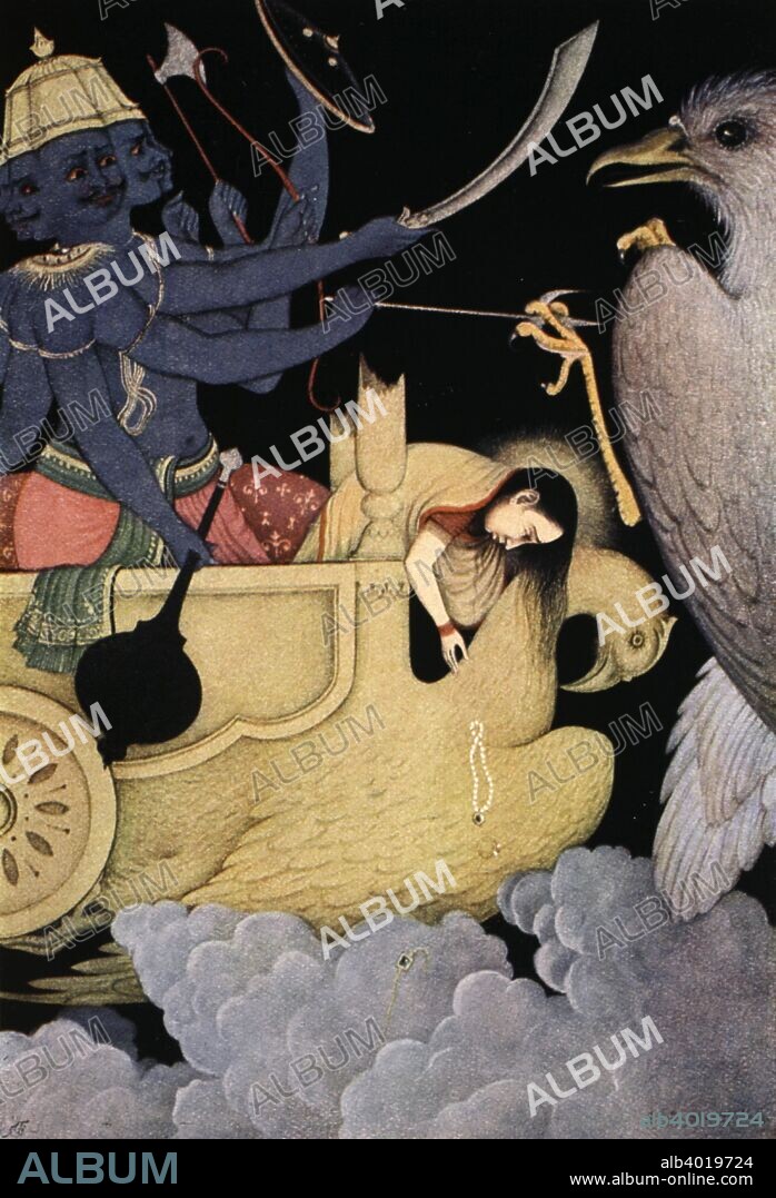 Ravana fighting with Jatayu, 1913. A scene from the Hindu epic, the Ramayana. Jatayu, a demi-god in the form of a vulture, fighting Ravana, the most powerful mortal with ten heads and twenty hands, who has abducted Rama's wife, Sita. Illustration from Myths of the Hindus and Buddhists by Sister Nivedita and Ananda Coomaraswamy, 1st edition, 1913. From a private collection.