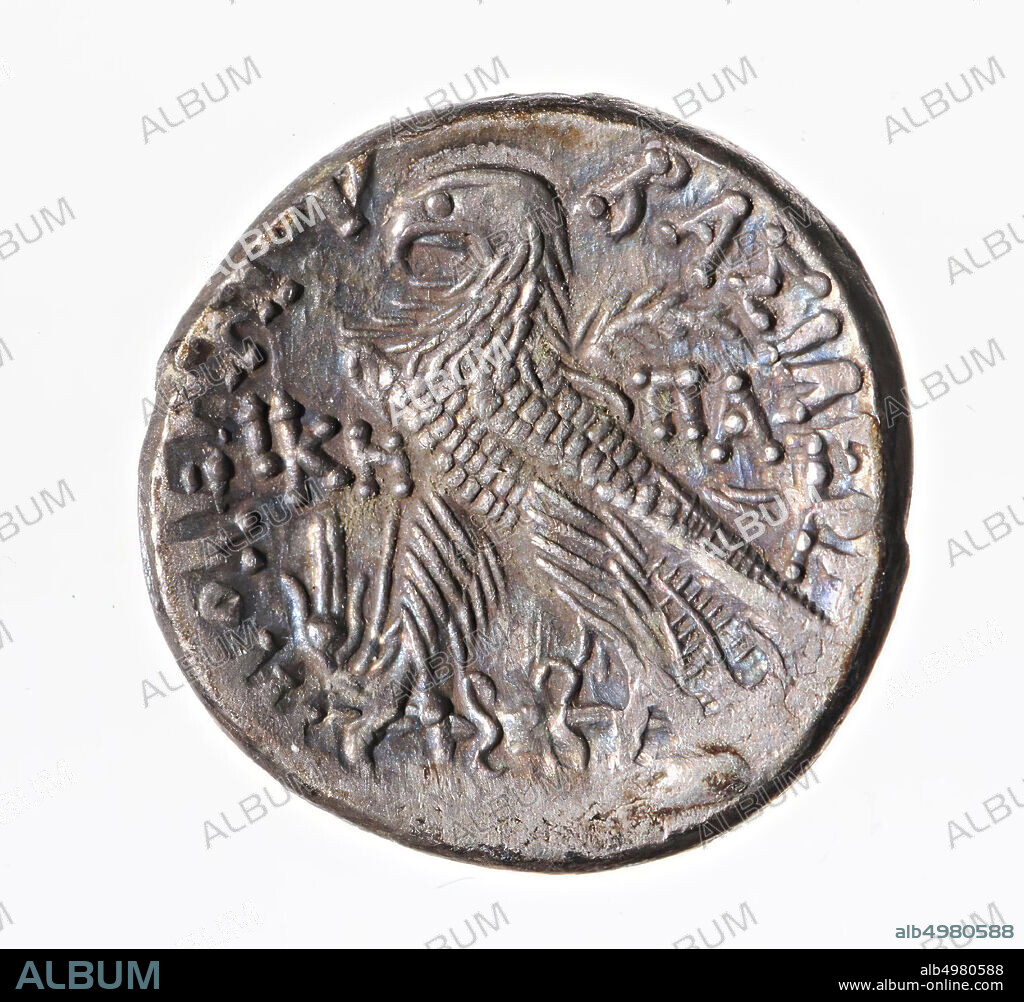 coin, tetradrachm, Ptolemy XIII, Vz: Head of Ptolemaios I r., Kz: eagle on lightning l., Palm branch, PTOLEMAIOU BASILEOOS, in field l. L KH Lotus (= year 28), in field r. PA, coin, tetradrachme, Ptolemy XIII, metal, silver, Diam. 24 mm, wt. 13.70 gr, Greco-Roman Period, Ptolemae time BC 53, Egypt.