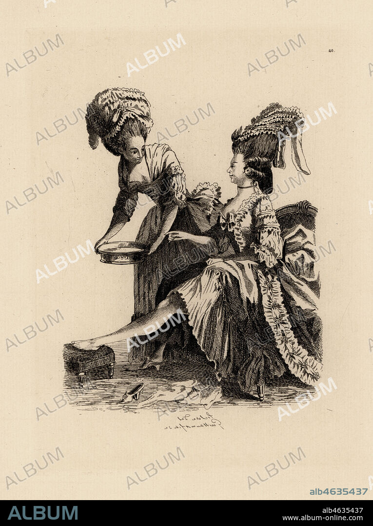 Fashionable woman washing her feet with a maid after dressing, era of Marie Antoinette. La Distraite. Copperplate etching by Auguste Etienne Guillaumot from Costumes et coiffures du XVIIIe siecle, Costumes and hairstyles of the 18th century, Cagnon, Paris, 1875. Original illustration by Pierre Thomas Le Clerc from the Gallerie des Modes et Costumes Francais, 1778-1787.