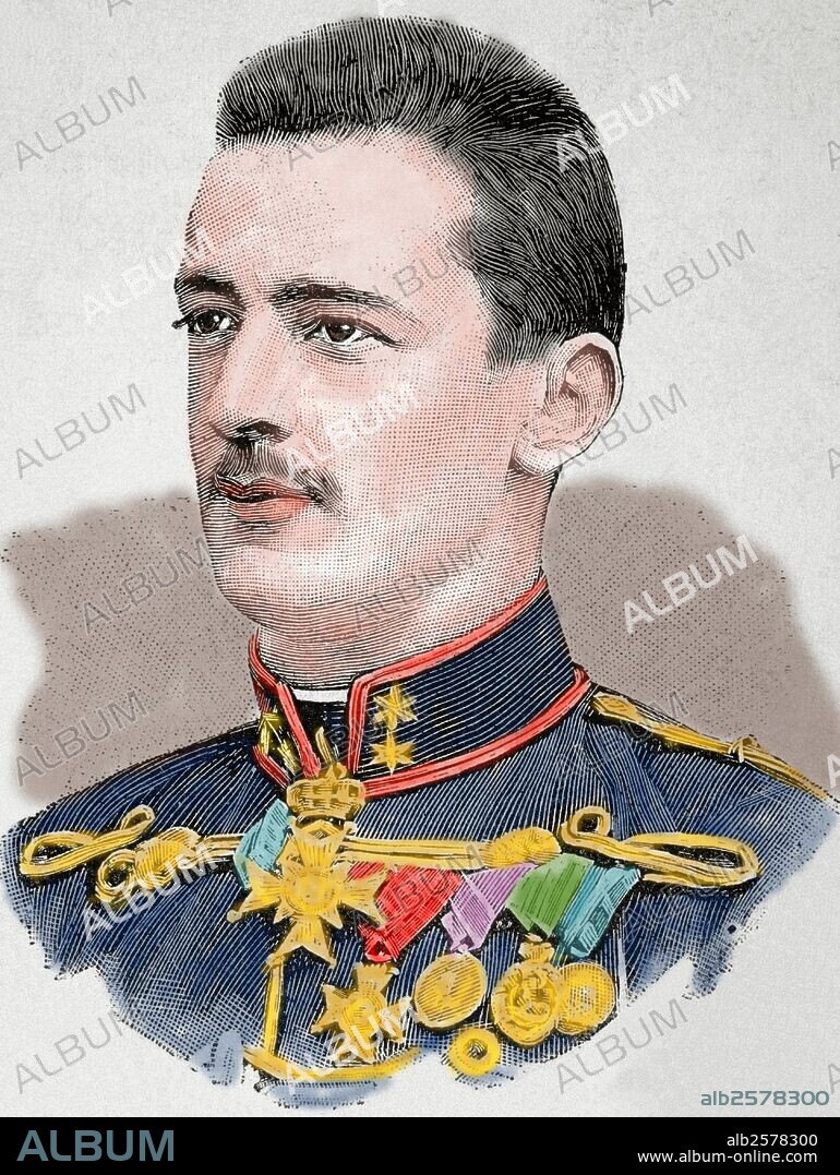 Marie Armand Patrice de Mac Mahon (1855-1927), segundo Duque de Magenta y sexto Marqués d'Éguilly. Militar francés, hijo de mariscal y presidente de la III República Francesa, Marie Edmé Patrice Maurice Mac-Mahon. Grabado coloreado de "La Ilustración Artística", 1896.
