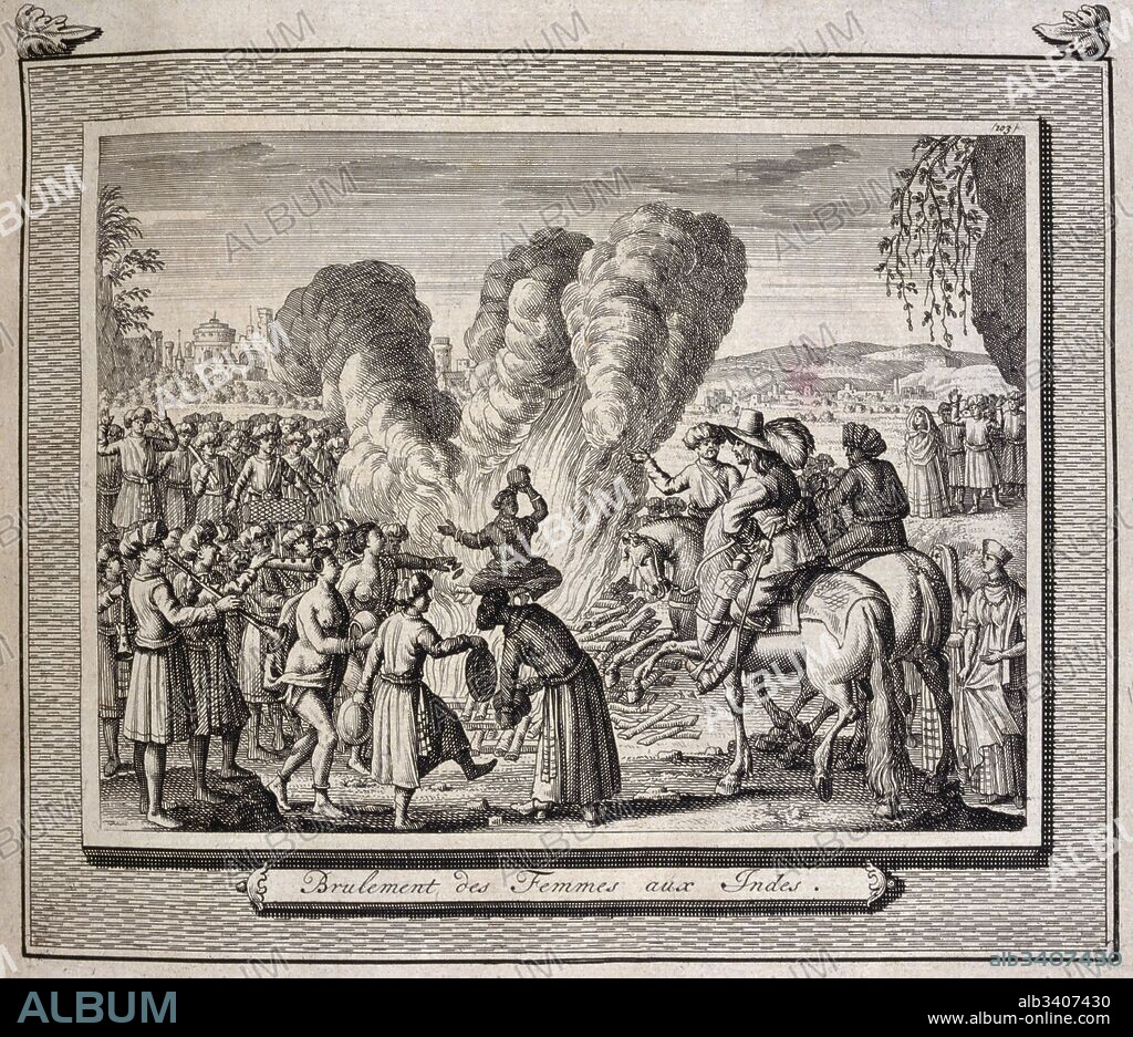 Sati or suttee (a now obsolete Hindu funeral custom), where a widow immolates herself on her husband's pyre or commits suicide in another fashion shortly after her husband's death. From voyages made to Persia and India 1727, by Johan Albrecht de Mandelslo (1616–1644). seventeenth-century German adventurer, who wrote about his travels through Persia and India. .