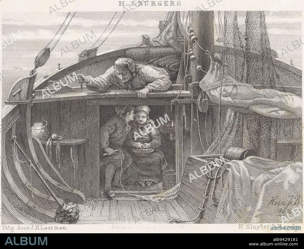 A girl sits in the cabin of a fishing boat peeling potatoes A fisherman's boy sits beside her with his arm wrapped around her, his head close to hers He was busy fining nets A man is lying on his stomach on the deck, peering at the hugging twosome, Hugging children in cabin, print maker: Hendrik D. Jzn Sluyter, (mentioned on object), Hein Burgers, (mentioned on object), publisher: J.H. Laarman, (mentioned on object), Amsterdam, 1867 - 1868, paper, steel engraving, etching, h 98 mm × w 152 mm.