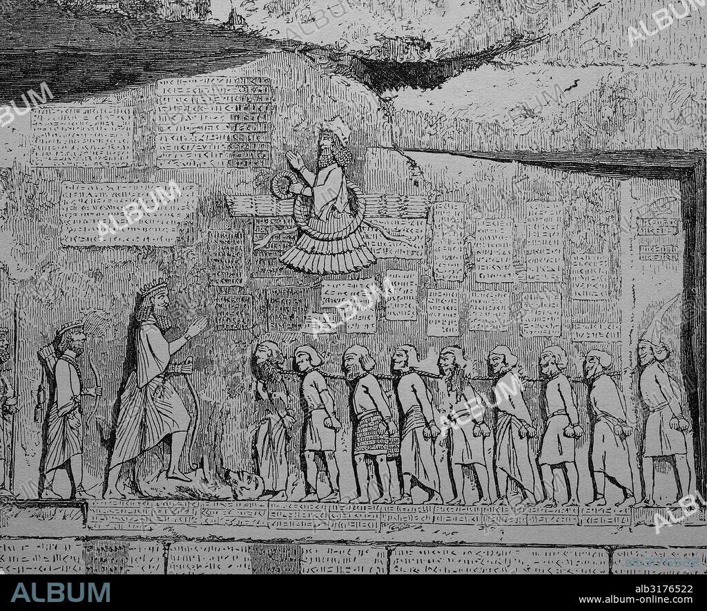 Behistun inscription, relief with an inscription about darius i, bistun in kermanshah, iran, woodcut from 1880.