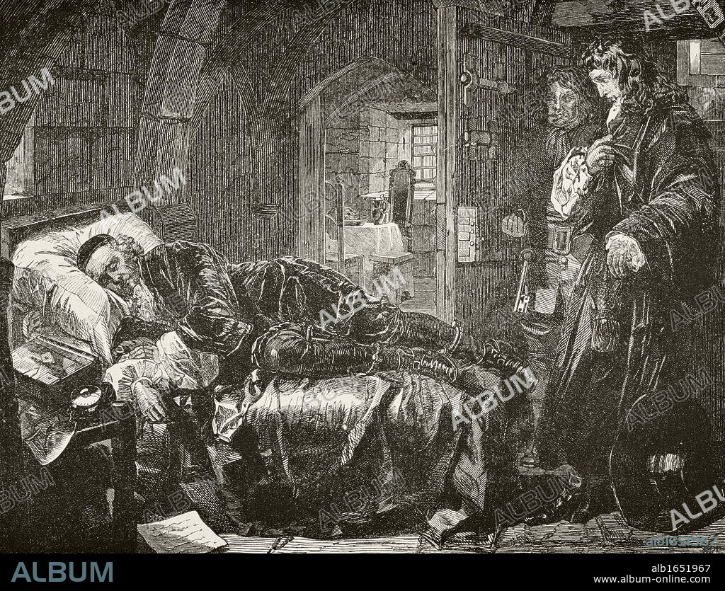 Archibald Campbell, 9th Earl of Argyll circa 1629 to 1685, asleep in prison the night before his execution. From The National and Domestic History of England by William Aubrey published London circa 1890.