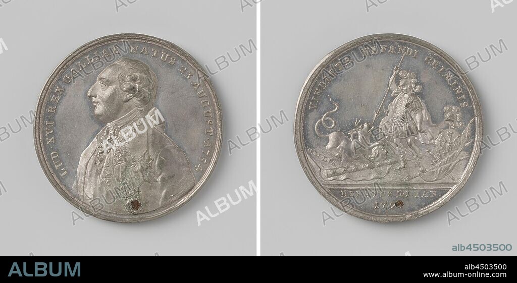 Execution of Louis XVI, Silver Medal. Front: man's bust inside the inside. Reverse: Roman warrior with coat of arms behind him, aiming his spear at two-headed monster with snake's tail, representing the French Republic, holding head of executed Louis and staff sitting on map right-hand arms standard with imperial coat of arms within an inscription, cut off: date, Paris, Louis XVI (king of France), anonymous, 1793, silver (metal), striking (metalworking), d 4.7 cm × w 387 gr.