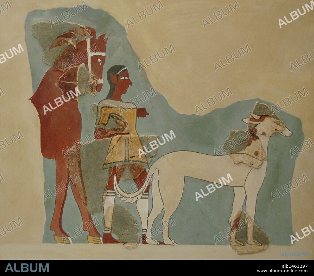 ARTE MICENICO. GRECIA. Fragmento de un fresco con la representación de un HOMBRE A PIE SUJETANDO LAS RIENDAS DE UN CABALLO CON UN PERRO DELANTE. Fechado entre los siglos XIV-XIII a. C. Procede del segundo palacio de Tirinto (región del Peloponeso). Museo Arqueológico Nacional. Atenas. Grecia.