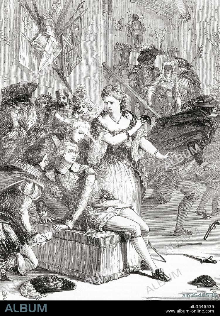 The assassination of Gustavus III by Anckarström at a masked ball at the Royal Opera House, Stockholm, Sweden, 16 March 1792. Gustav III, 1746 – 1792. King of Sweden. Jacob Johan Anckarström, 1762 – 1792. Swedish military officer. From Cassell's Illustrated History of England, published 1861.