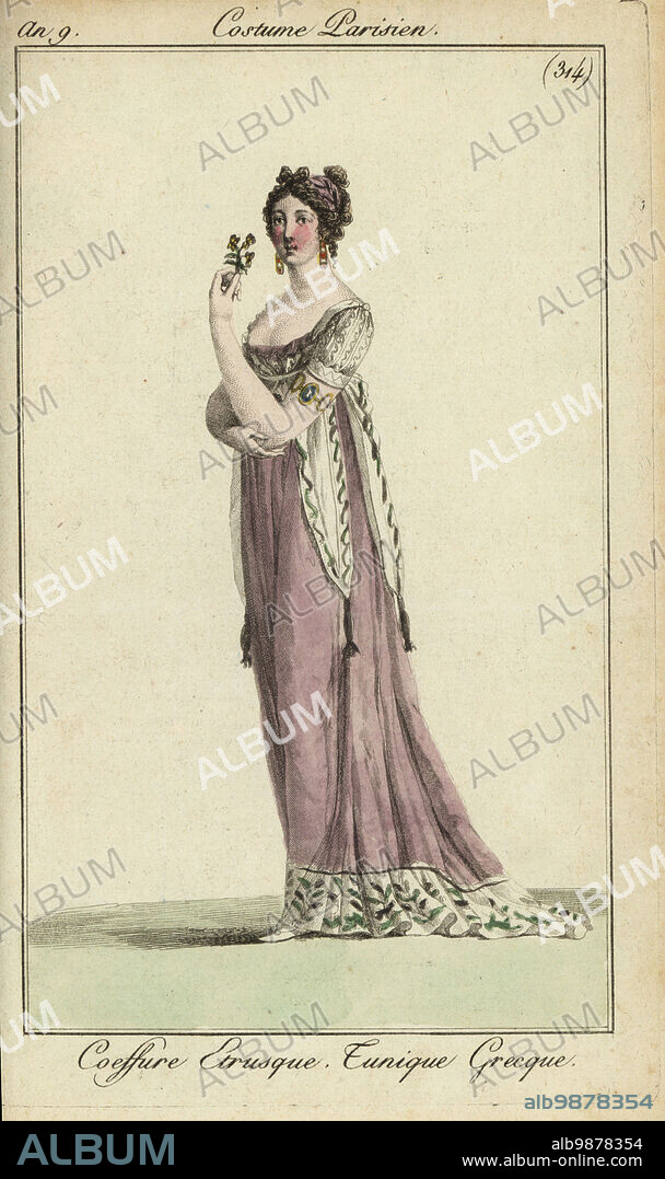 Fashionable woman in Etruscan hairstyle, Greek-style tunic, 1801. Her hairdo is braided in the Etruscan style, and her low-cut Greek tunic dress is decorated with tassles. Coeffure Etrusque. Tunique Grecque. Handcoloured copperplate engraving from Pierre de la Mesangeres Journal des Modes et Dames, Paris, 1801. The illustrations in volume 4 were by Carle Vernet, Bosio, Dutailly and Philibert Louis Debucourt.