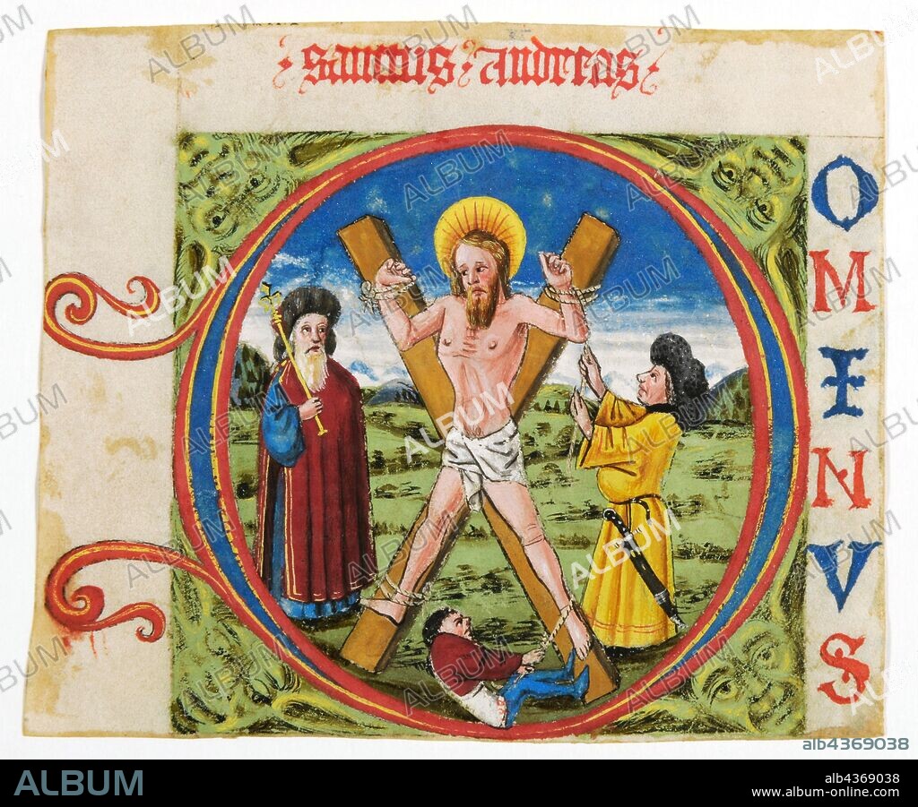 Initial D with the crucifixion of St. Andrew, mid 15th c., Cover color on parchment, verso: Latin text fragment, page: 8.9 x 10.8 cm (largest mass) |, Picture: about 7.6 x 7.9 cm, Anonym, Oberrhein, 15. Jh.